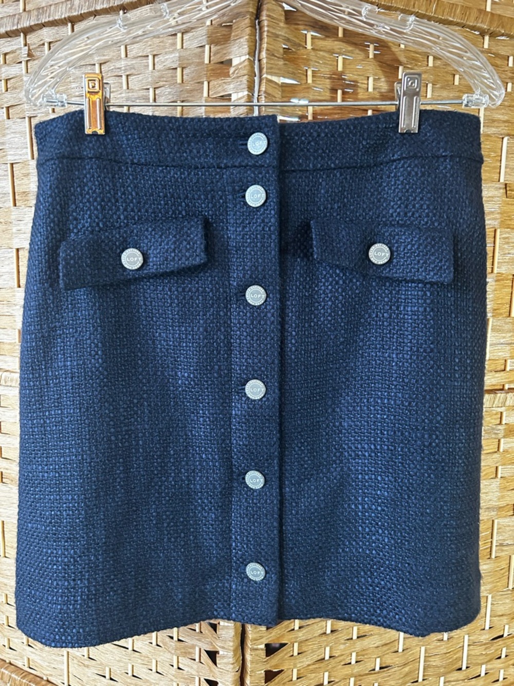 Textured Wool Blend Button Front Mini Skirt Navy Preppy Office Classic Size 10
